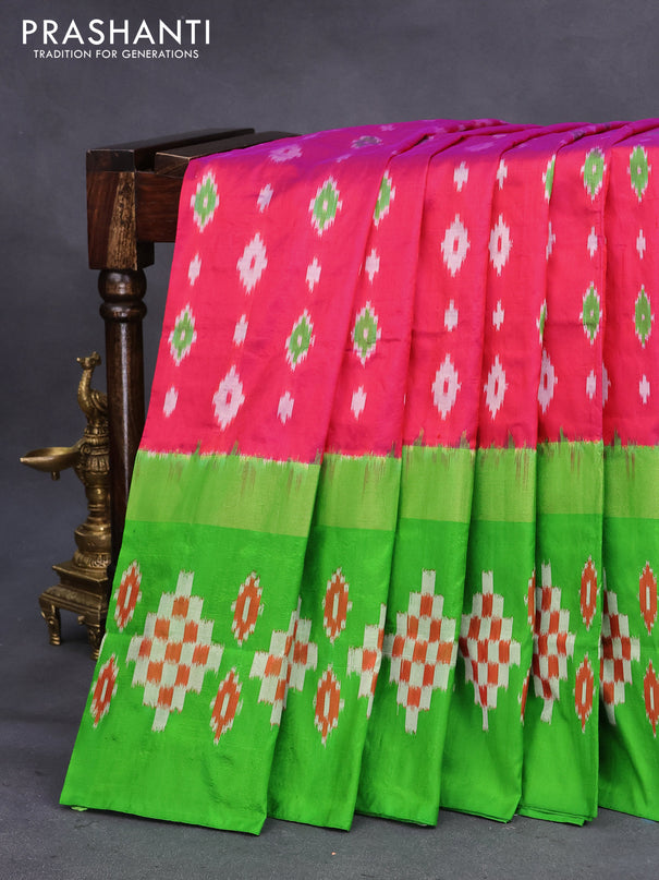 Pochampally silk saree pink and parrot green with allover ikat butta weaves and long zari woven ikat border