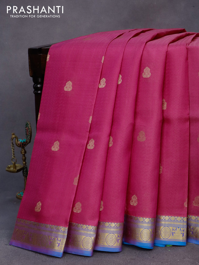 Pure kanchipuram silk saree pink and cs blue with allover self emboss & zari buttas and zari woven border