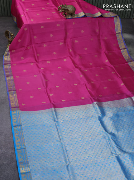 Pure kanchipuram silk saree pink and cs blue with allover self emboss & zari buttas and zari woven border