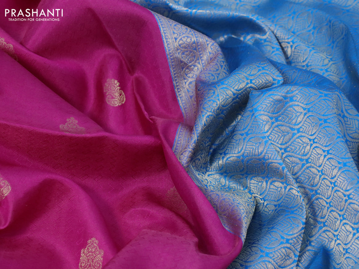 Pure kanchipuram silk saree pink and cs blue with allover self emboss & zari buttas and zari woven border