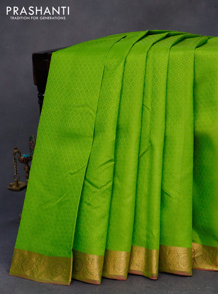 Pure kanchipuram silk saree light green and pink with allover self emboss and zari woven border