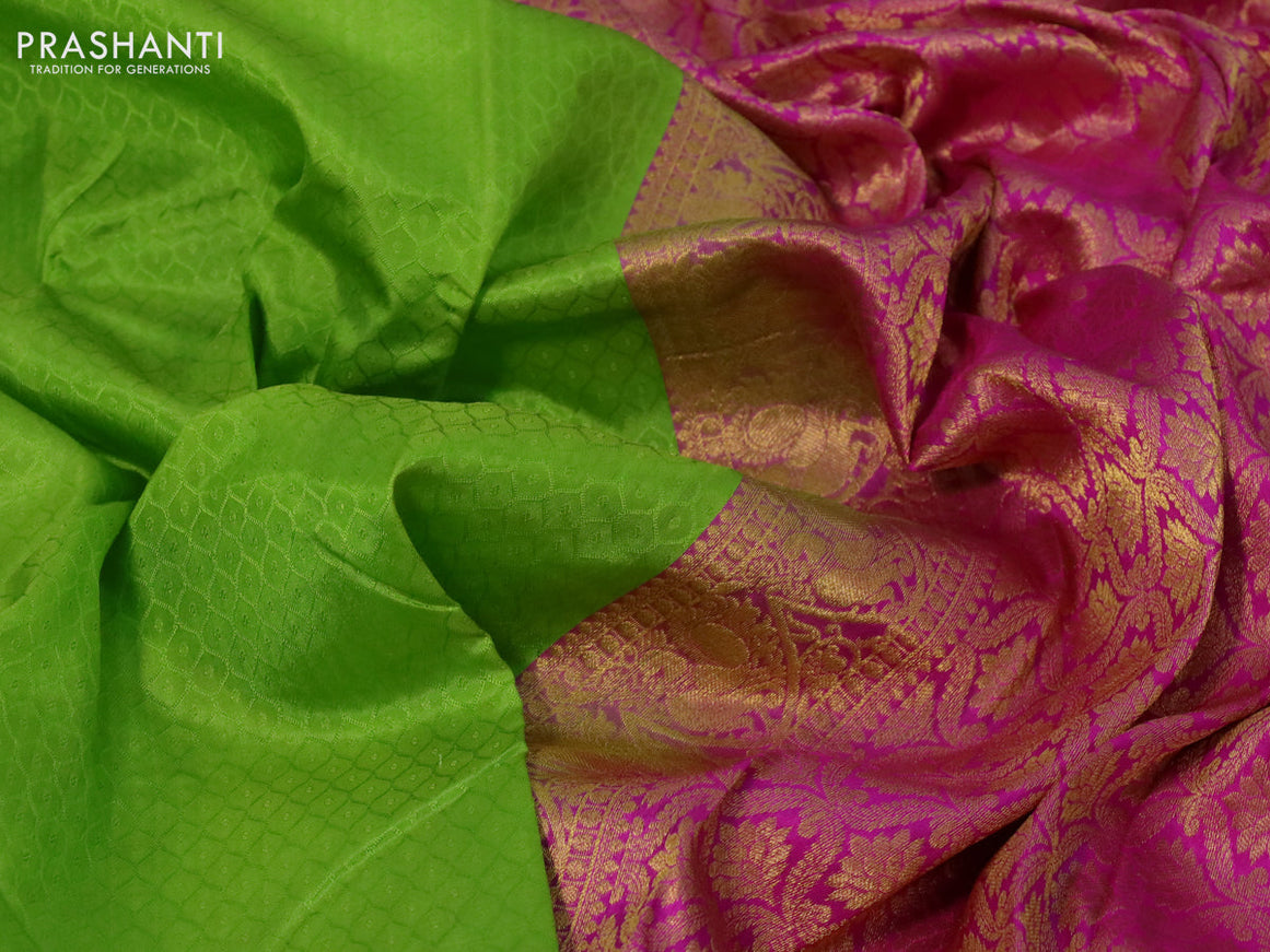 Pure kanchipuram silk saree light green and pink with allover self emboss and zari woven border