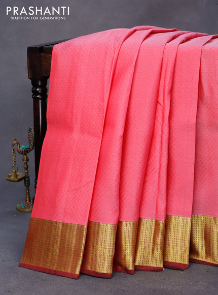 Pure kanchipuram silk saree pink and maroon with allover self emboss and zari woven border