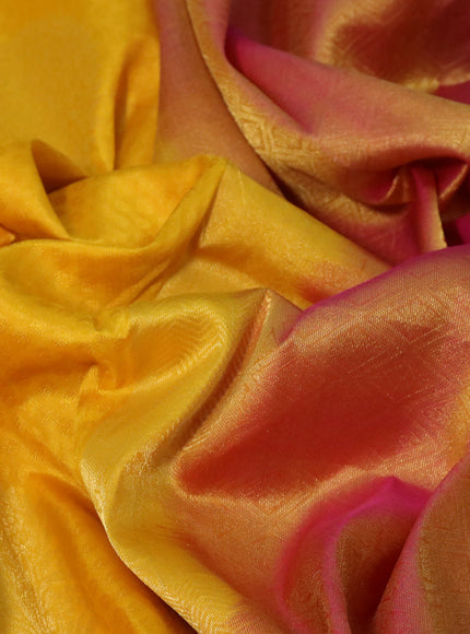 Pure kanchipuram silk saree mango yellow and pink with allover self emboss & zari buttas and zari woven border