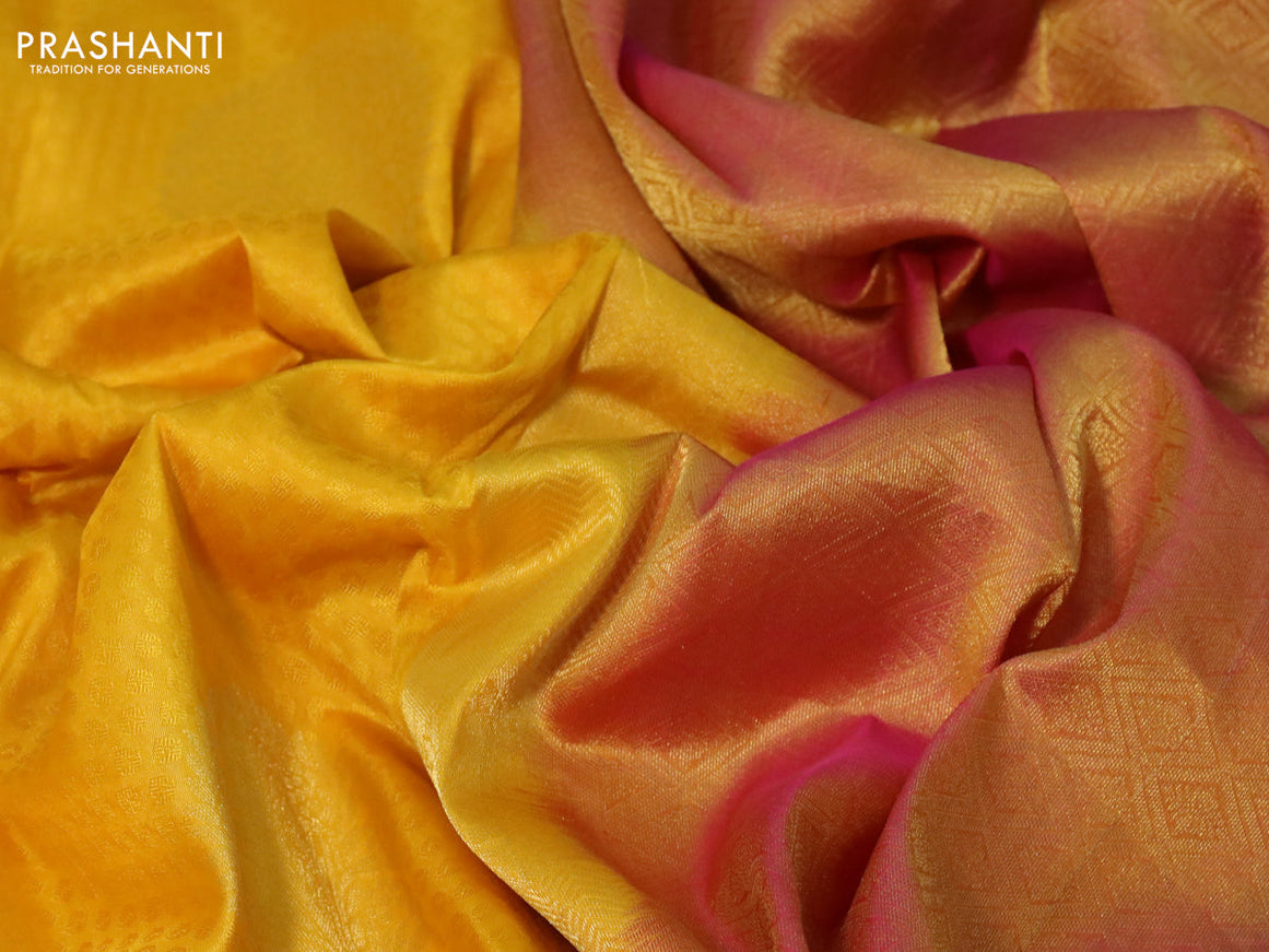 Pure kanchipuram silk saree mango yellow and pink with allover self emboss & zari buttas and zari woven border