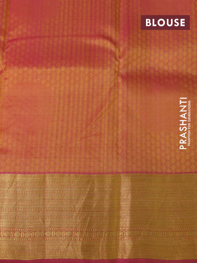 Pure kanchipuram silk saree mango yellow and pink with allover self emboss & zari buttas and zari woven border