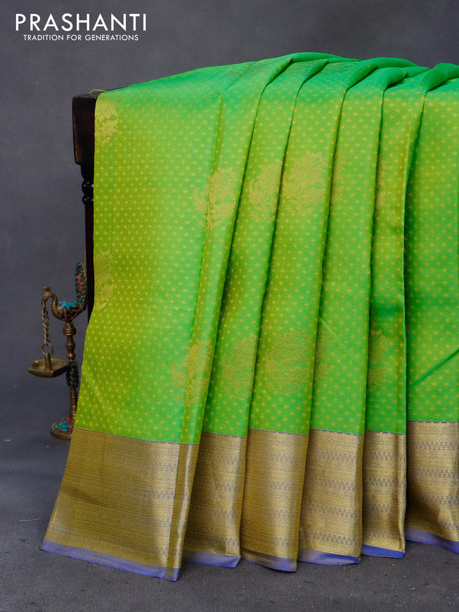 Pure kanchipuram silk saree dual shade of light green and royal blue with allover self emboss & zari buttas and zari woven border