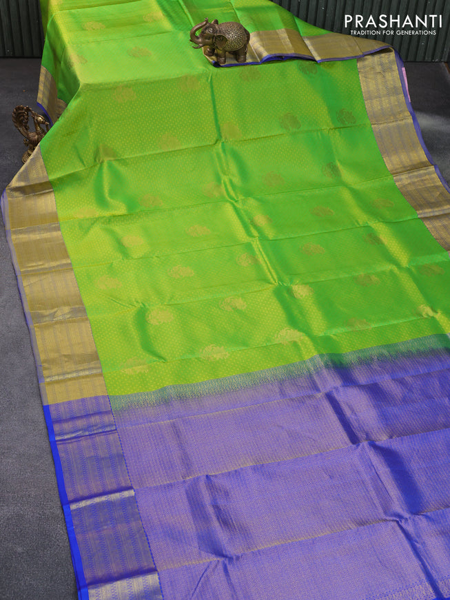 Pure kanchipuram silk saree dual shade of light green and royal blue with allover self emboss & zari buttas and zari woven border