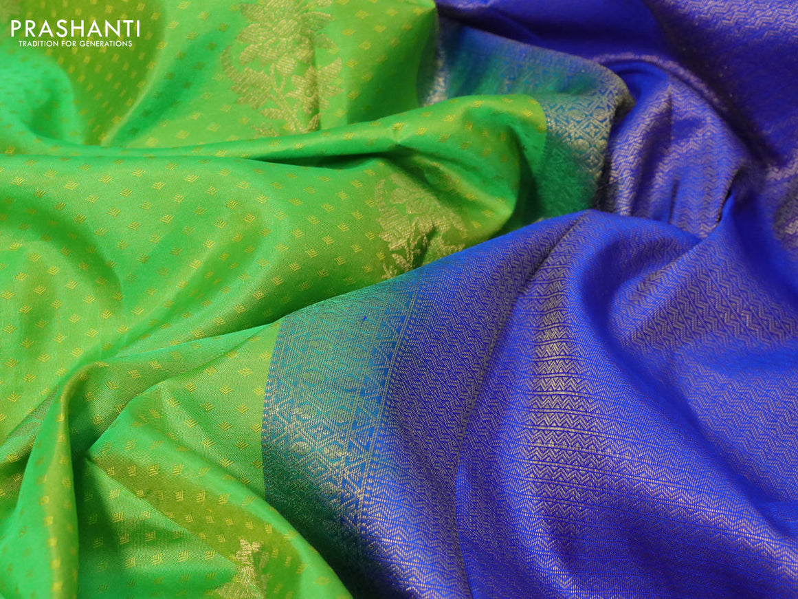 Pure kanchipuram silk saree dual shade of light green and royal blue with allover self emboss & zari buttas and zari woven border