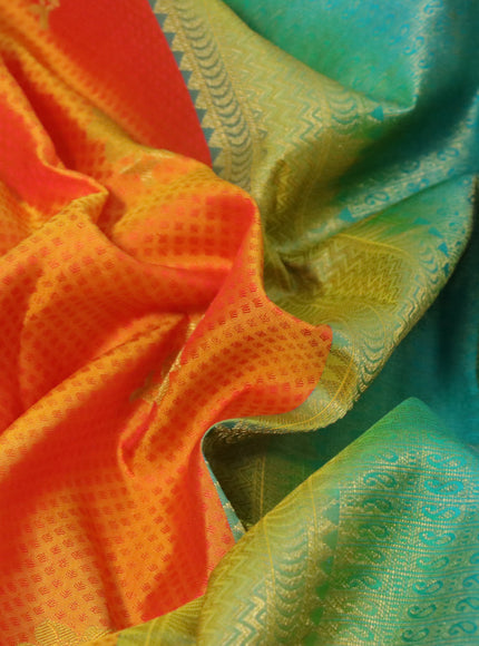 Pure kanchipuram silk saree dual shade of mango yellow and teal green with allover self emboss & zari buttas and zari woven border