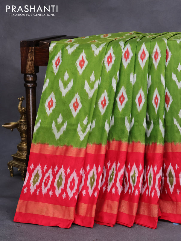 Pochampally silk saree mehendi green and red with allover ikat butta weaves and long zari woven ikat border