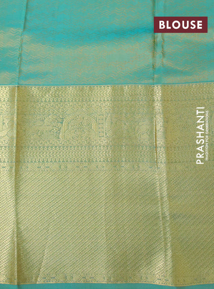 Pure kanchipuram silk saree mango yellow and dual shade of teal green with allover self emboss & zari buttas and long zari woven border