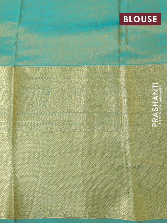 Pure kanchipuram silk saree mango yellow and dual shade of teal green with allover self emboss & zari buttas and long zari woven border