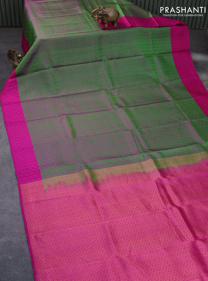 Pure kanchipuram silk saree dual shade of green and pink with allover self emboss and simple border