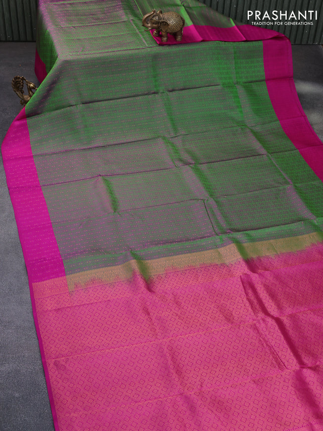 Pure kanchipuram silk saree dual shade of green and pink with allover self emboss and simple border