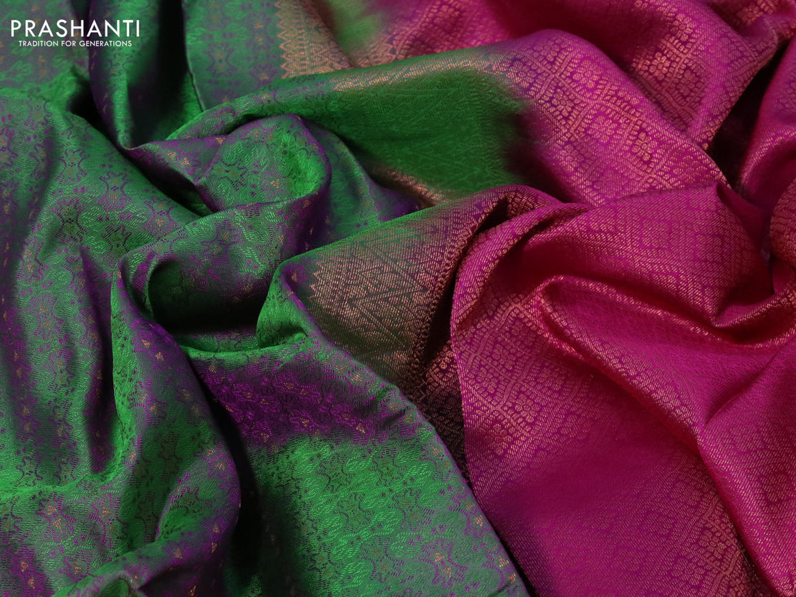 Pure kanchipuram silk saree dual shade of green and pink with allover self emboss and simple border