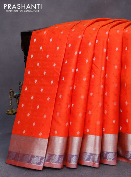 Pure kanchipuram silk saree orange and grey with allover self emboss & silver zari buttas and silver zari woven border