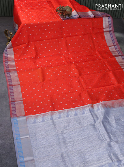 Pure kanchipuram silk saree orange and grey with allover self emboss & silver zari buttas and silver zari woven border