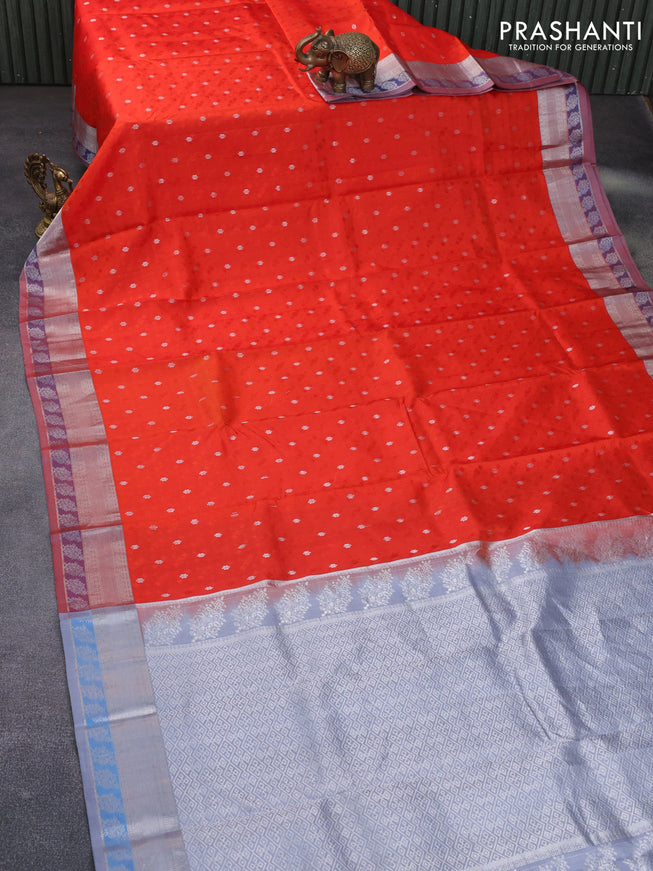 Pure kanchipuram silk saree orange and grey with allover self emboss & silver zari buttas and silver zari woven border