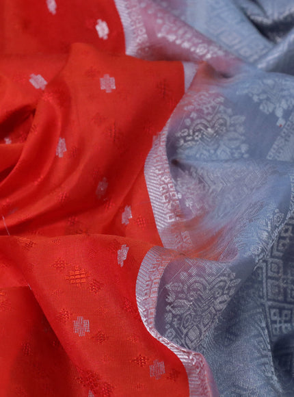 Pure kanchipuram silk saree orange and grey with allover self emboss & silver zari buttas and silver zari woven border