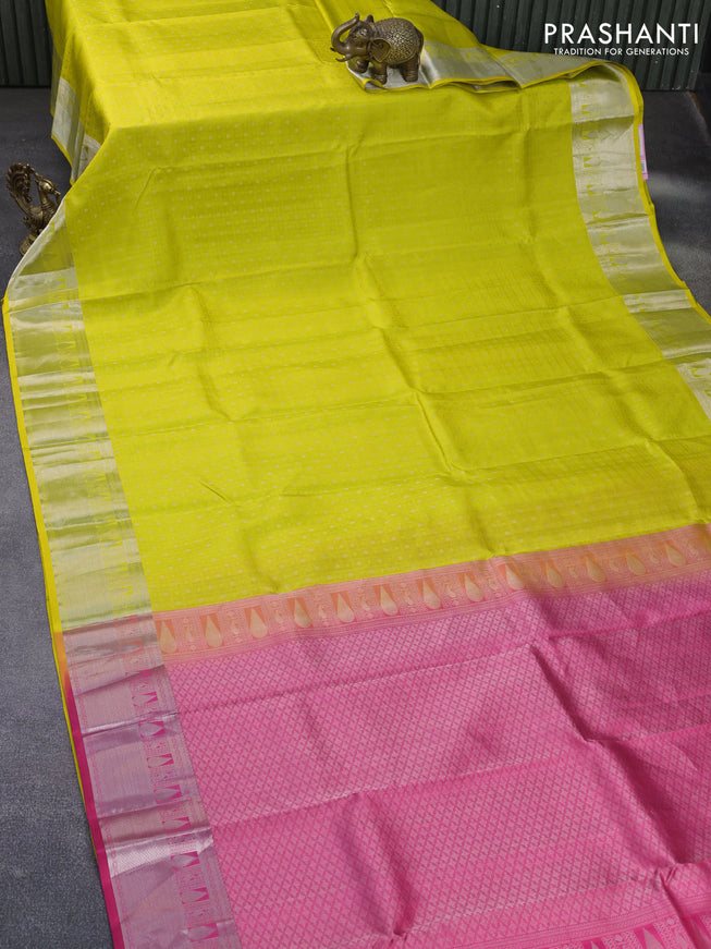 Pure kanchipuram silk saree lime yellow and pink with allover self emboss & buttas and silver zari woven border