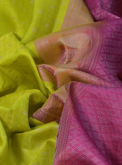 Pure kanchipuram silk saree lime yellow and pink with allover self emboss & buttas and silver zari woven border