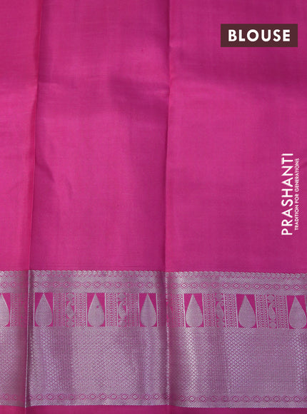 Pure kanchipuram silk saree lime yellow and pink with allover self emboss & buttas and silver zari woven border