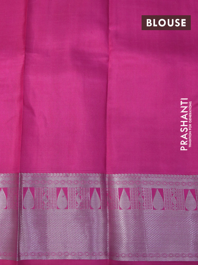 Pure kanchipuram silk saree lime yellow and pink with allover self emboss & buttas and silver zari woven border