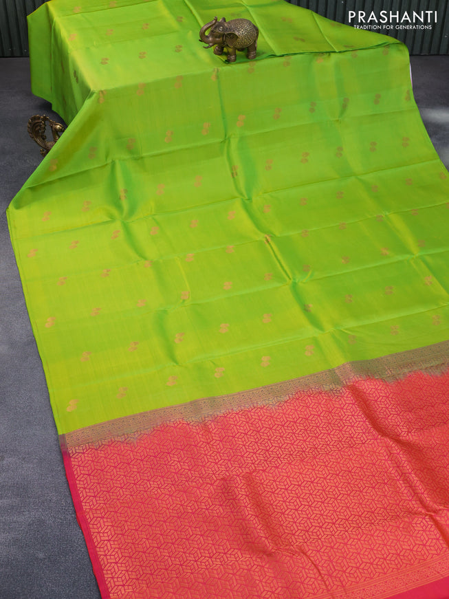 Pure kanchipuram silk saree light green and dual shade of pinkish orange with copper zari woven buttas in borderless style