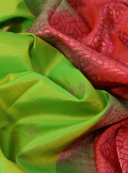 Pure kanchipuram silk saree light green and dual shade of pinkish orange with copper zari woven buttas in borderless style