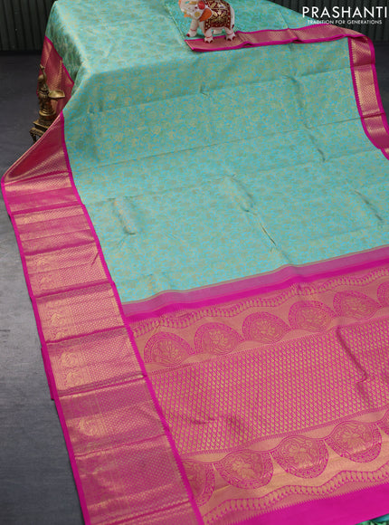 Pure kanchipuram silk saree teal blue and pink with allover zari woven brocade weaves and long zari woven border