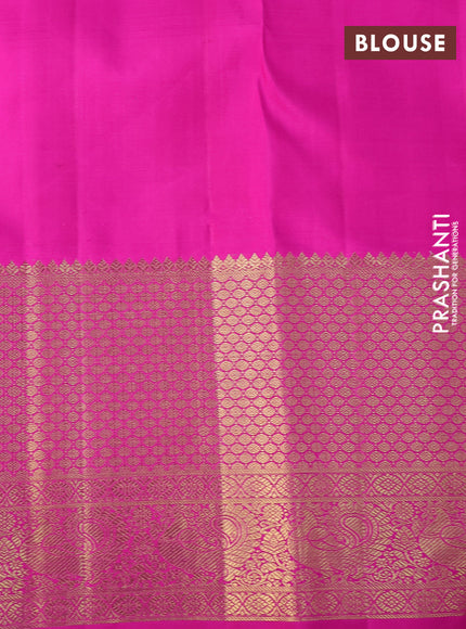 Pure kanchipuram silk saree teal blue and pink with allover zari woven brocade weaves and long zari woven border