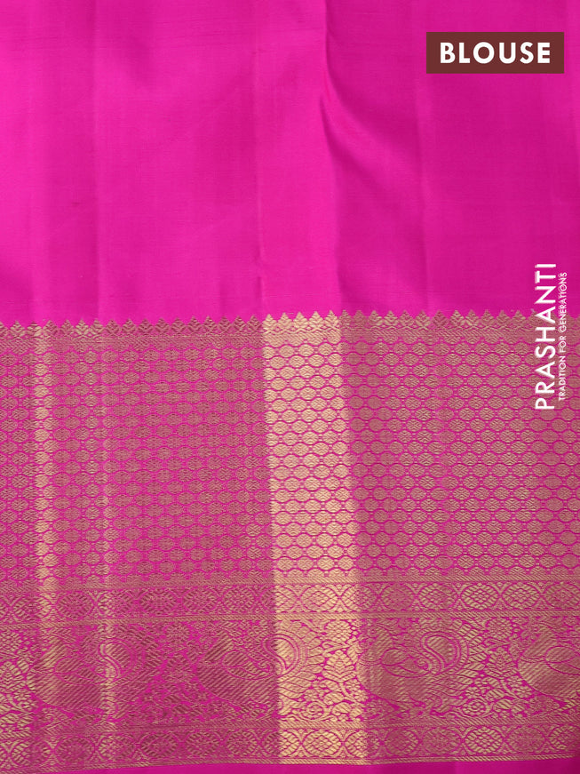 Pure kanchipuram silk saree teal blue and pink with allover zari woven brocade weaves and long zari woven border