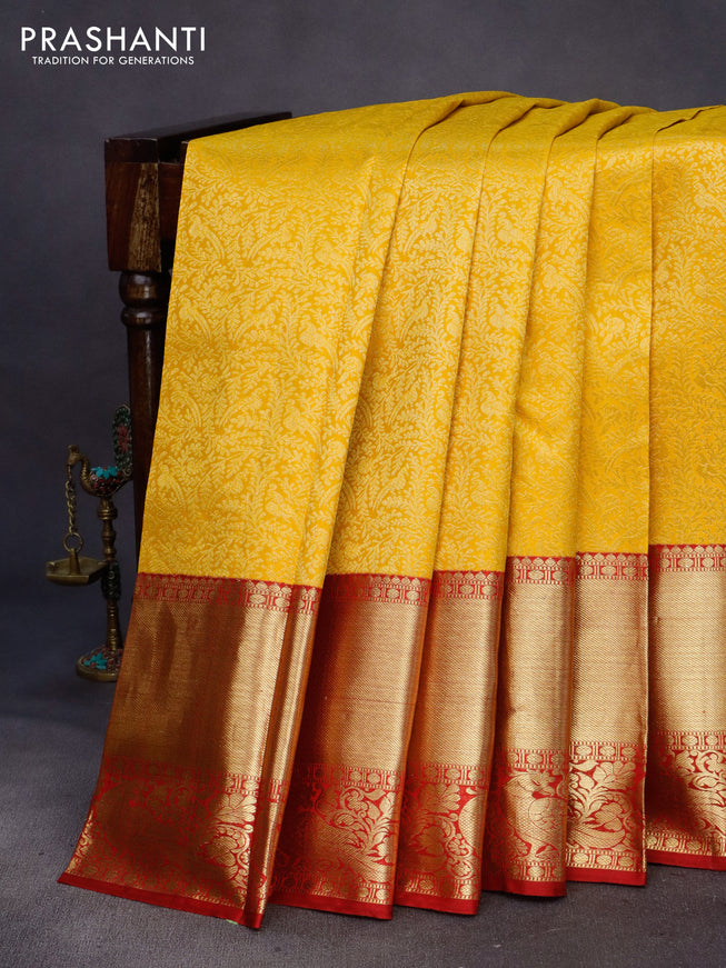 Pure kanchipuram silk saree yellow and red with allover zari woven brocade weaves and long zari woven border