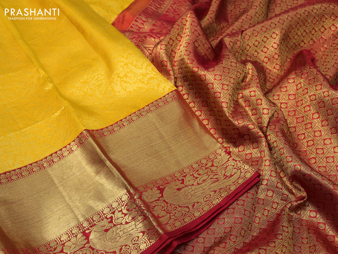 Pure kanchipuram silk saree yellow and red with allover zari woven brocade weaves and long zari woven border