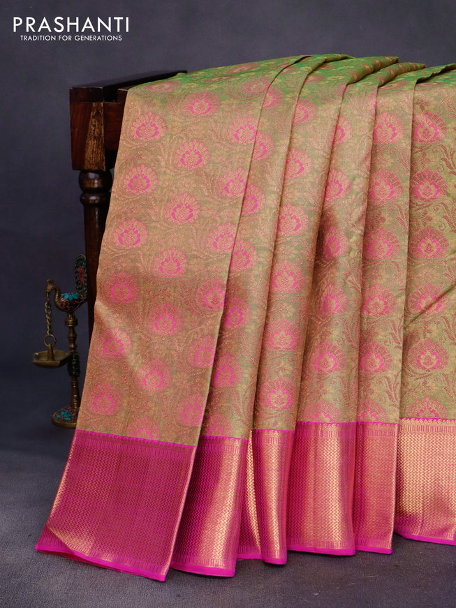 Pure kanchipuram tissue silk saree green shade and pink with allover zari woven brocade weaves and zari woven border