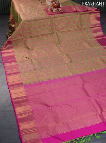 Pure kanchipuram tissue silk saree green shade and pink with allover zari woven brocade weaves and zari woven border