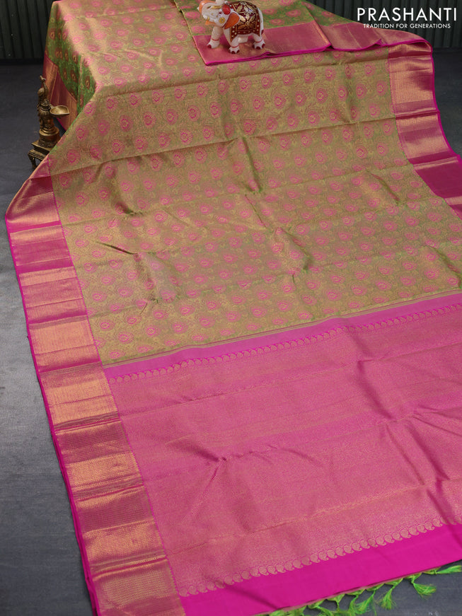 Pure kanchipuram tissue silk saree green shade and pink with allover zari woven brocade weaves and zari woven border