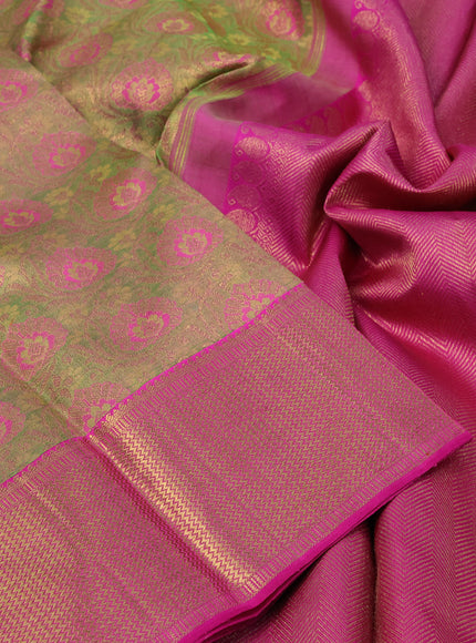 Pure kanchipuram tissue silk saree green shade and pink with allover zari woven brocade weaves and zari woven border