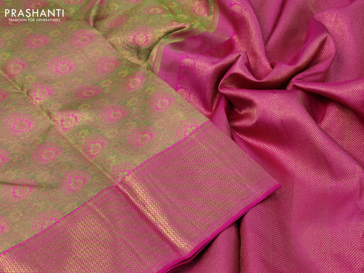 Pure kanchipuram tissue silk saree green shade and pink with allover zari woven brocade weaves and zari woven border