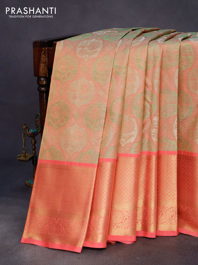 Pure kanchipuram tissue silk saree multi colour and peach pink with allover zari woven brocade weaves and long zari woven border