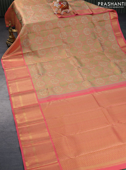 Pure kanchipuram tissue silk saree multi colour and peach pink with allover zari woven brocade weaves and long zari woven border