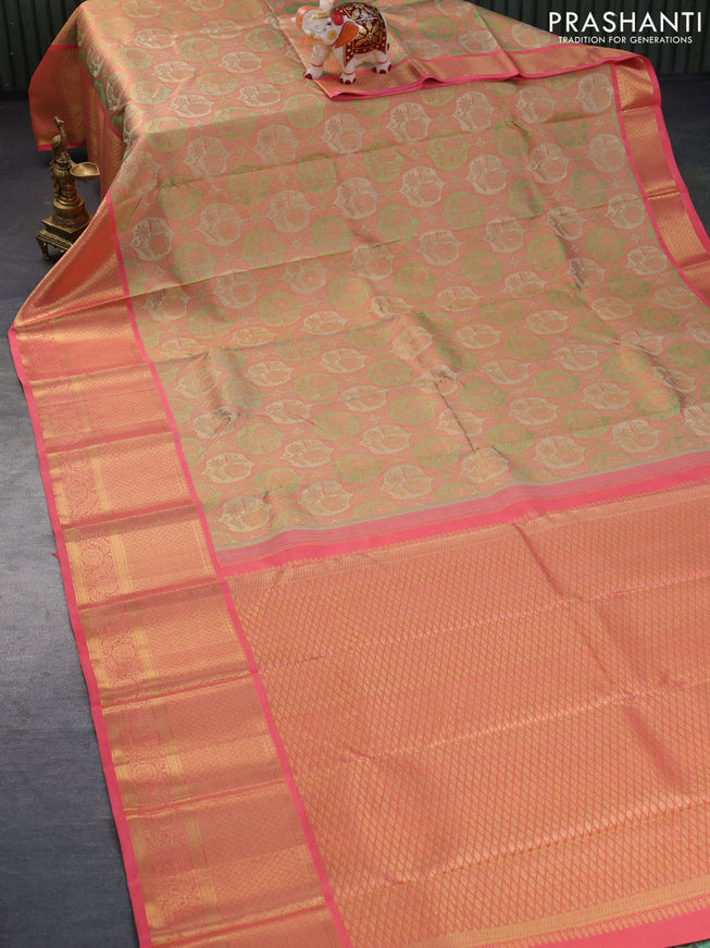 Pure kanchipuram tissue silk saree multi colour and peach pink with allover zari woven brocade weaves and long zari woven border