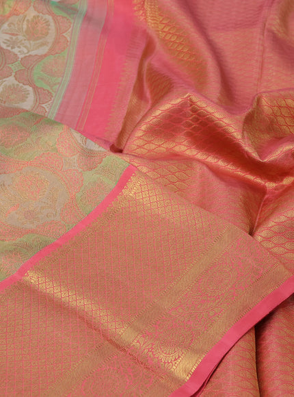 Pure kanchipuram tissue silk saree multi colour and peach pink with allover zari woven brocade weaves and long zari woven border