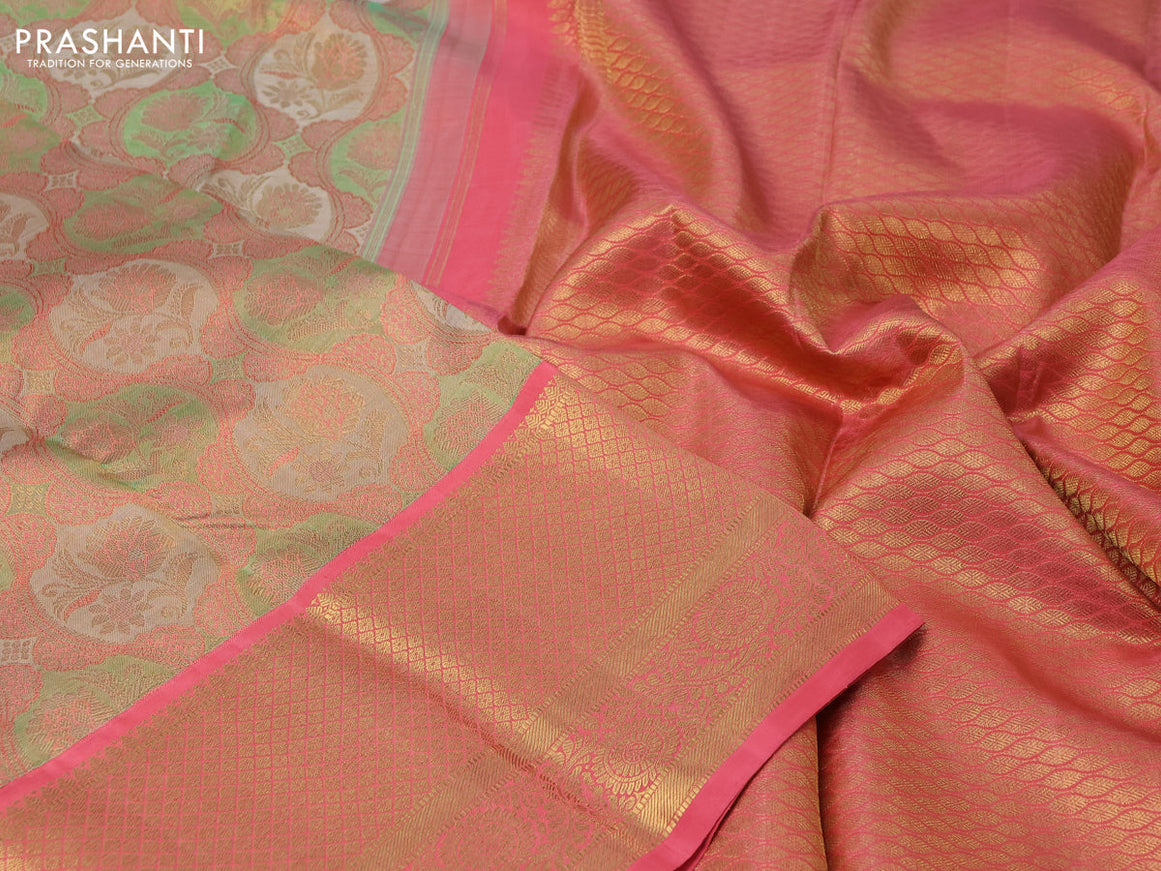 Pure kanchipuram tissue silk saree multi colour and peach pink with allover zari woven brocade weaves and long zari woven border