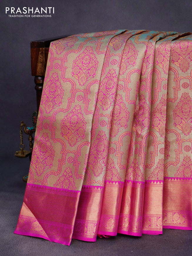 Pure kanchipuram tissue silk saree grey and pink with allover zari woven brocade weaves and zari woven border