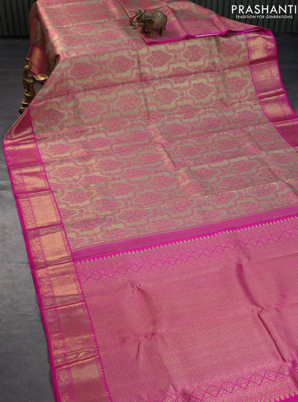 Pure kanchipuram tissue silk saree grey and pink with allover zari woven brocade weaves and zari woven border