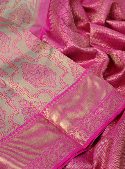 Pure kanchipuram tissue silk saree grey and pink with allover zari woven brocade weaves and zari woven border