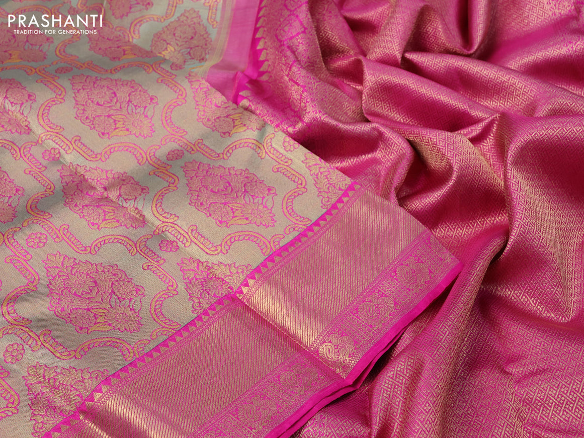 Pure kanchipuram tissue silk saree grey and pink with allover zari woven brocade weaves and zari woven border