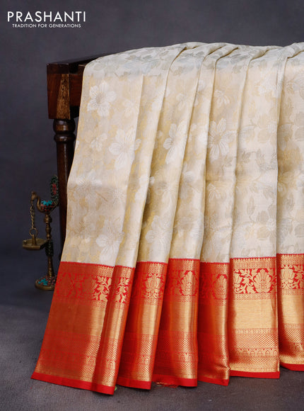 Pure kanchipuram tissue silk saree off white and red with allover zari woven brocade weaves and long zari woven border